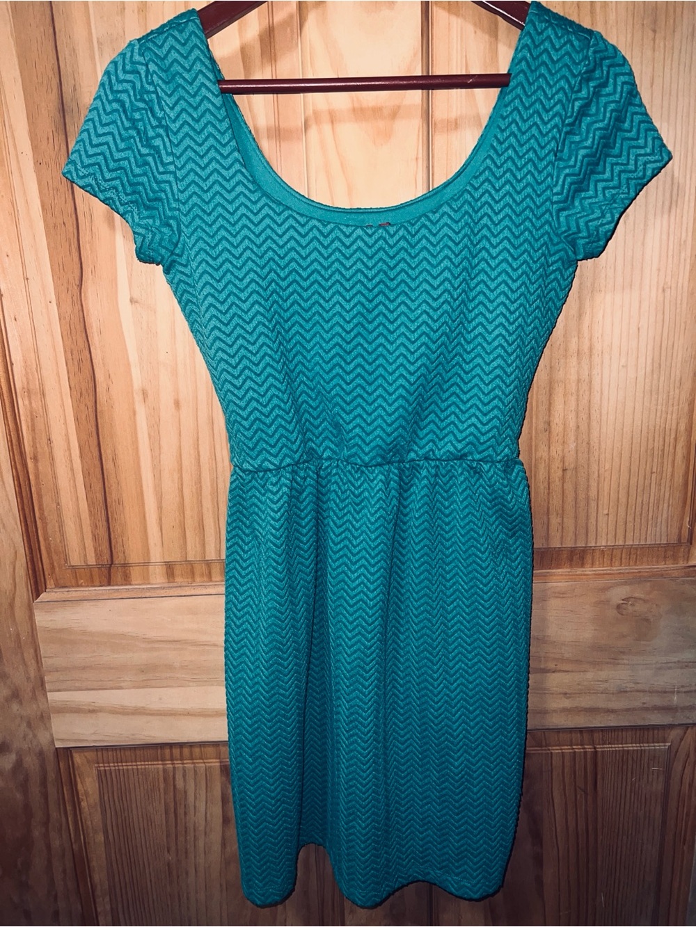 Scoop-Neck Mini Dress in Teal Chevron